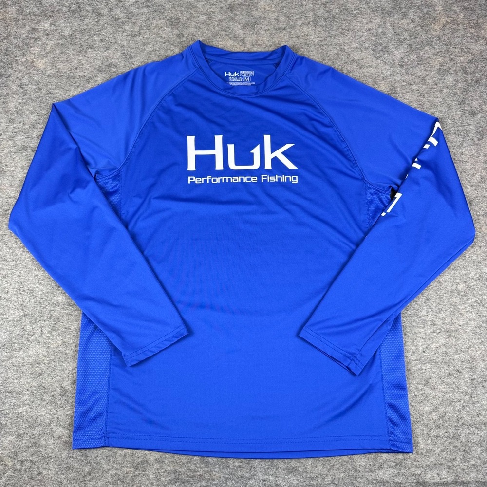 HUK Performance Fishing Shirt Long Sleeve Polyester Stretch Blue Mens Medium M - Picture 1 of 9